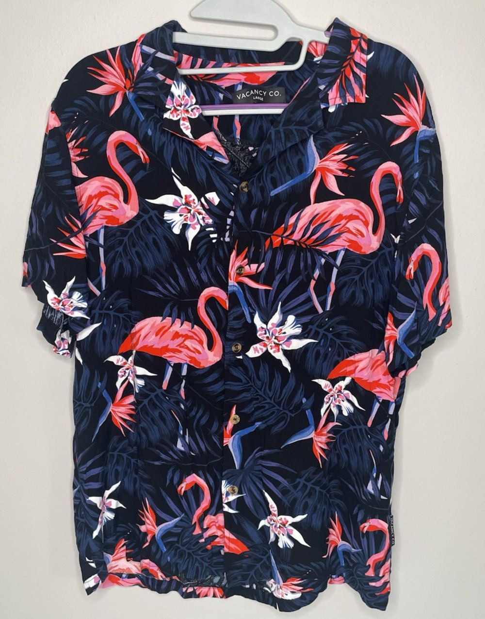 Vacancy Co Mens Large Hawaiian Flamingo Shirt Rayon Tropical Camp Button Up